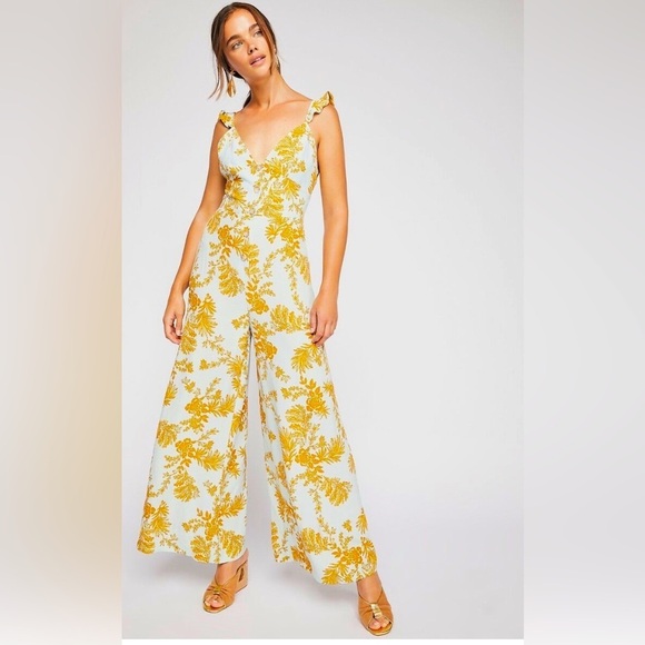 Free People Pants - Free People Be The One Jumpsuit | Size 2 | Pale Blue-Green with Rust Floral